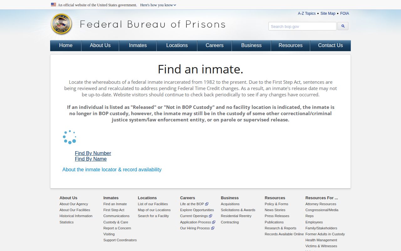 Federal Bureau of Prisons locator showing a released federal result