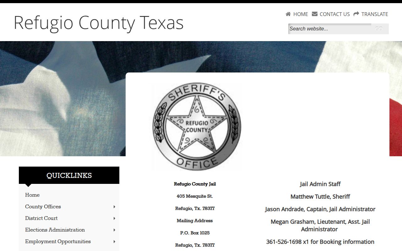 Official Refugio County Jail page with booking contact information