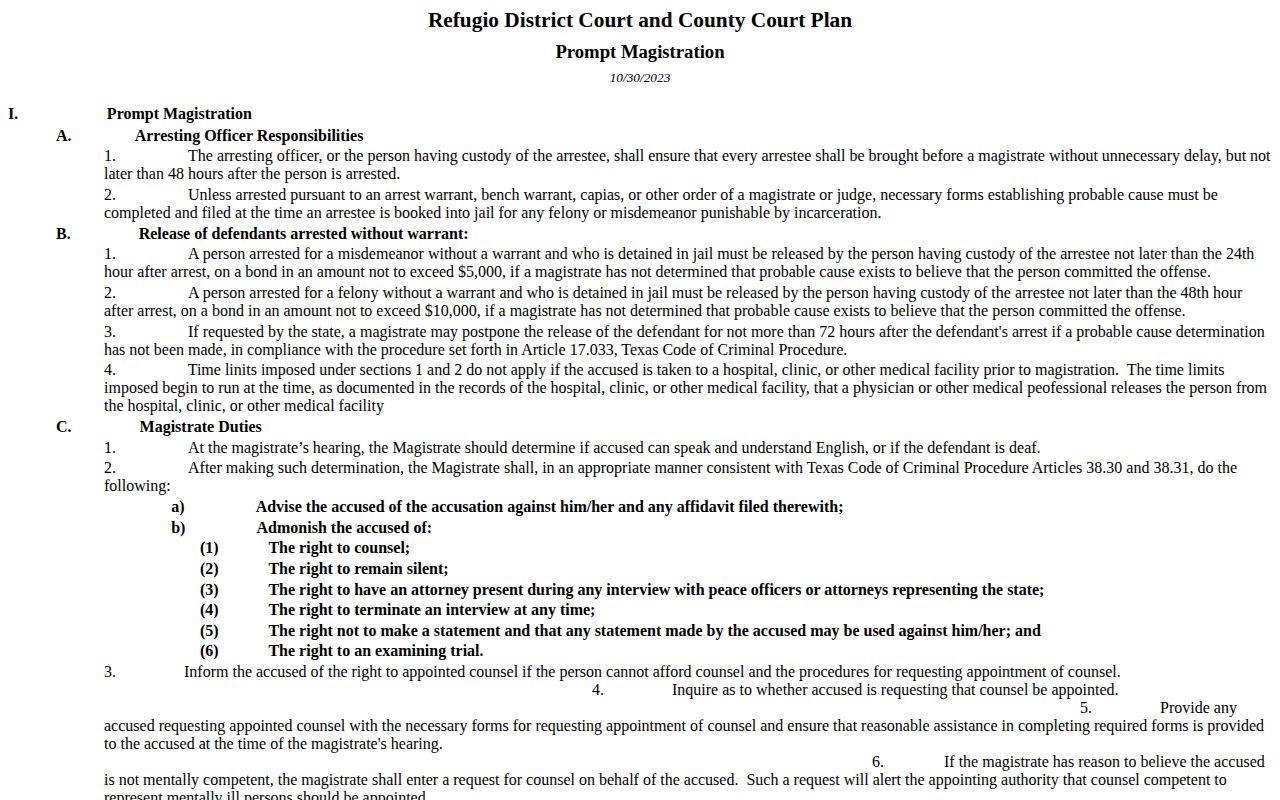 Refugio County magistration plan with local custody timing rules