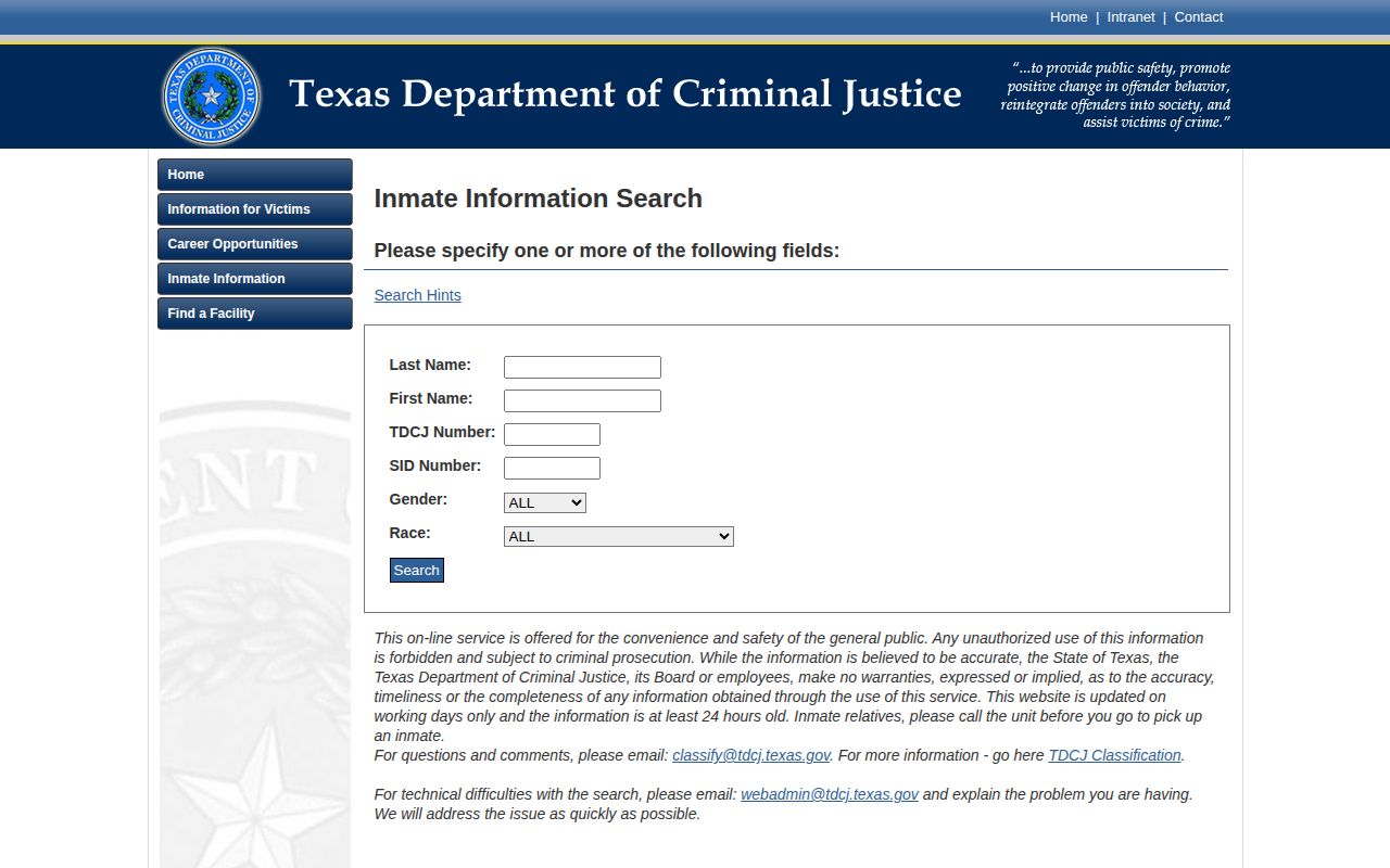 TDCJ Refugio County released inmate search fields